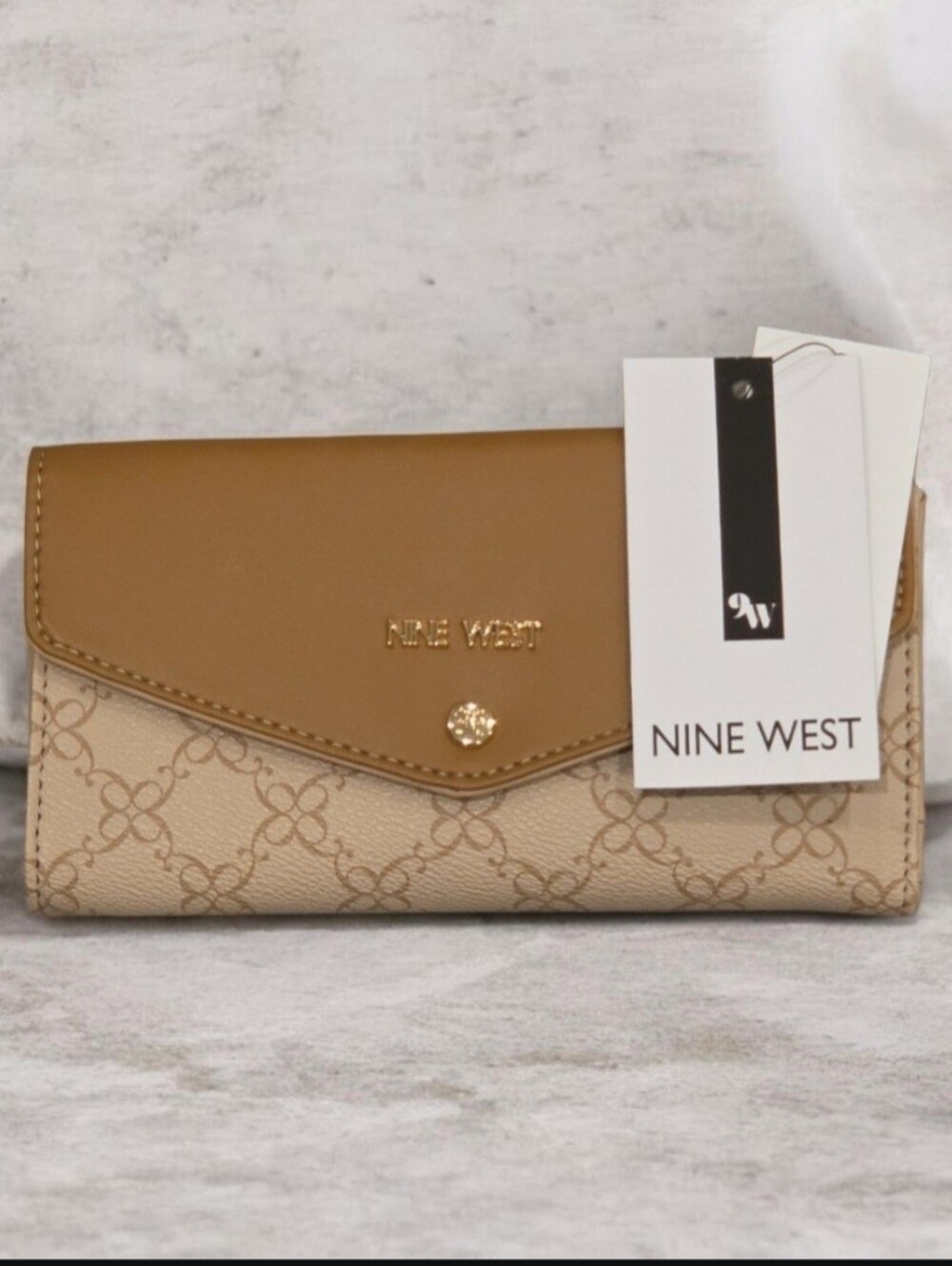 NWT Nine West beige and brown monogram-patterned flap wallet with a gold-tones